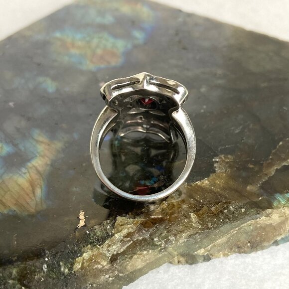 VTG Judith Jack Sterling Silver 925 Art Deco Style Oval Garnet Marcasite Ring - Picture 6 of 16